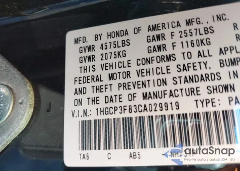 2012 Honda Accord 3.5 Ex-L z USA, uszkodzony, nr VIN 1HGCP3F83CA029919